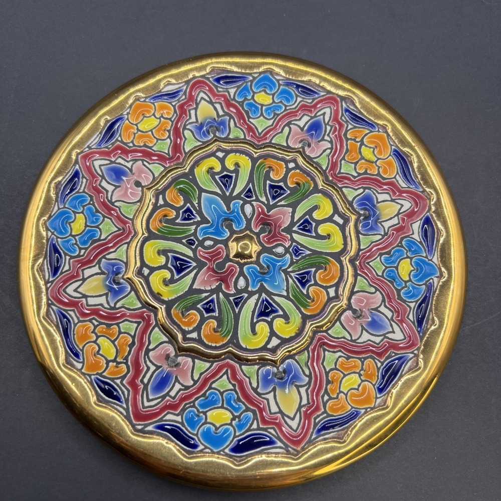 24K Gold Cercolon Pintado Enameled Art Plate Tile Hang Rest Spain 5.75"